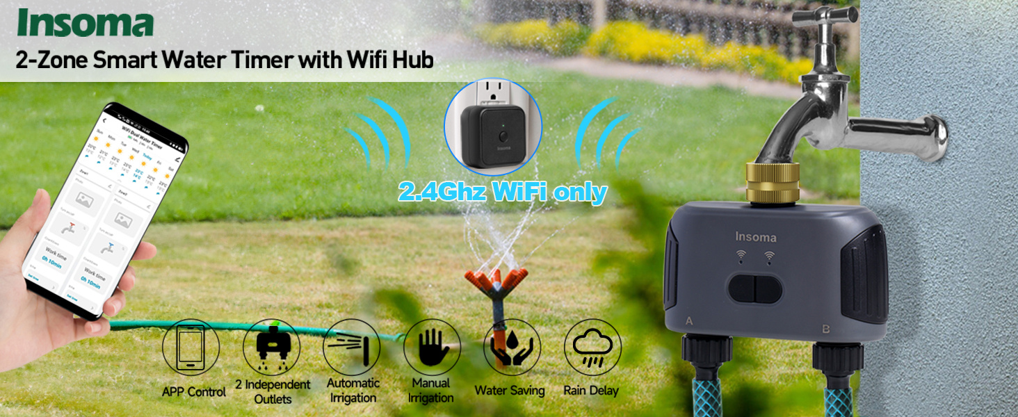 WiFi Hose Timer with Brass Inlet & Outlet, 2 Zones Smart Water Timer
