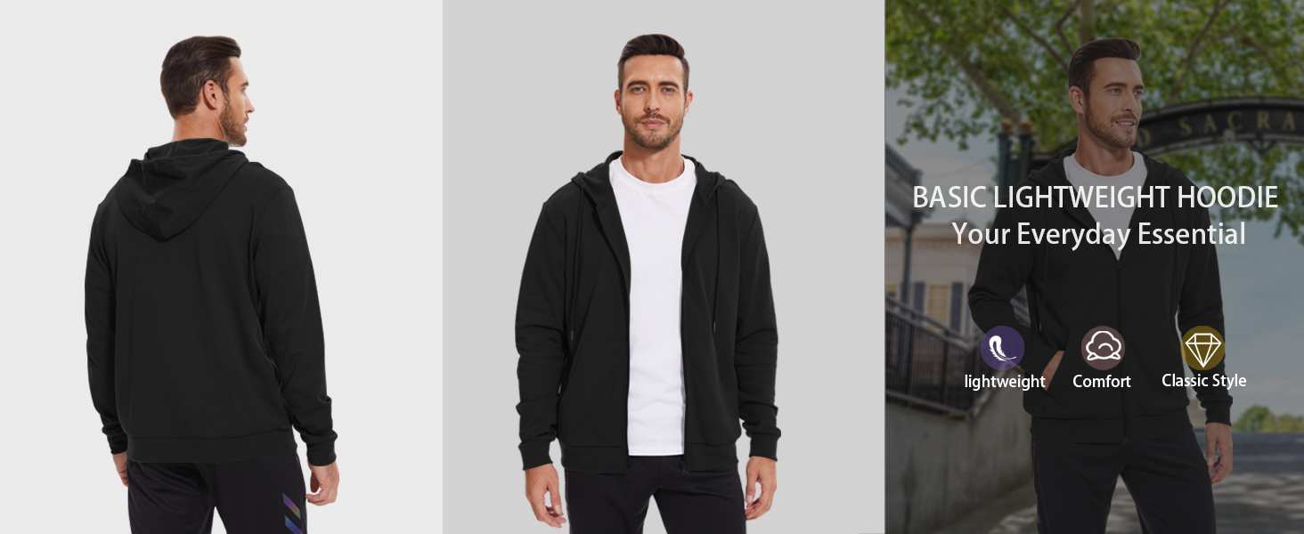 Lightweight Hoodie Men Zip Up Hooded Sweatshirt Thin Slim Fit Jacket