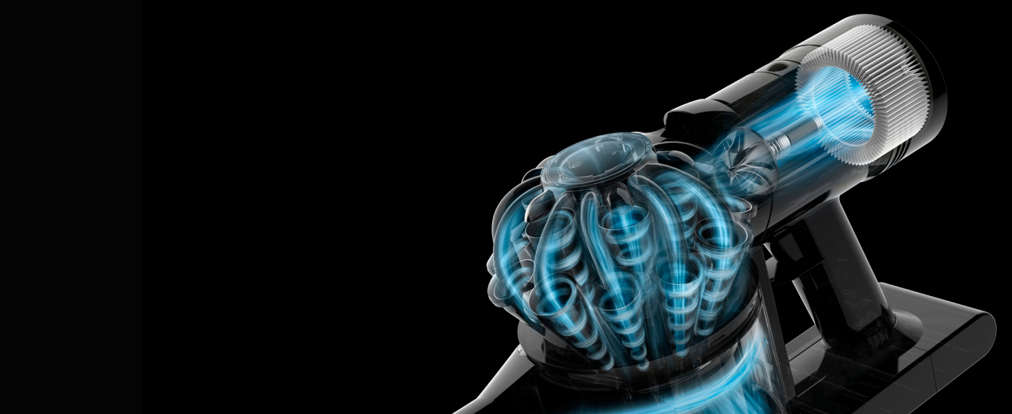 Dyson Car+Boat handheld vacuum close-up graphics of the cyclone system.