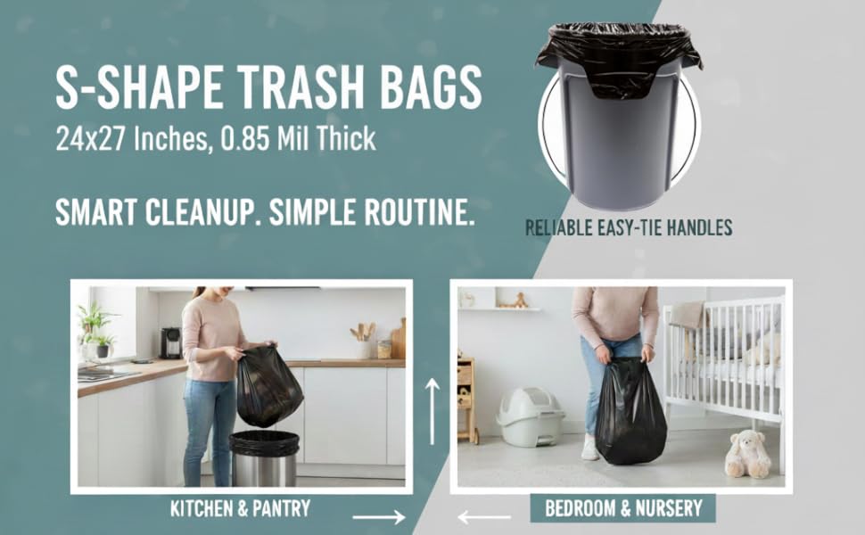 S-Shape Trash Bags, 24x27 Inches, 0.85 Mil Thick