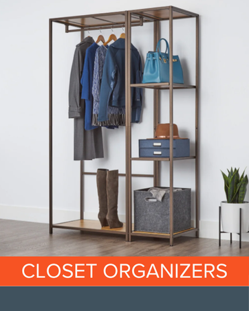 Metal and wood closet organizer with hanging clothes, boots, storage bins, and purses.