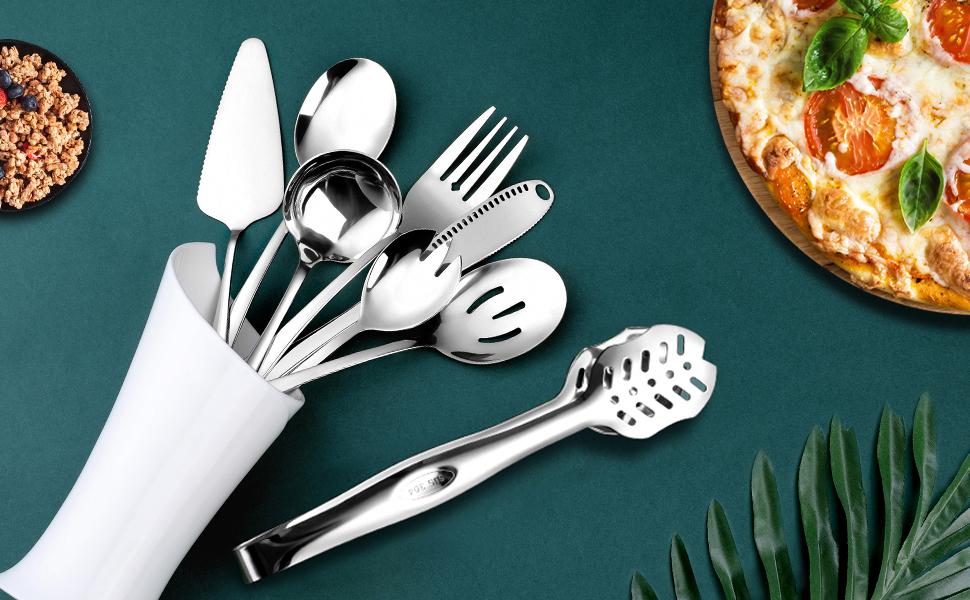 Silver Serving Utensils, OGORI 8Piece Polished Stainless Steel Flatware Silverware