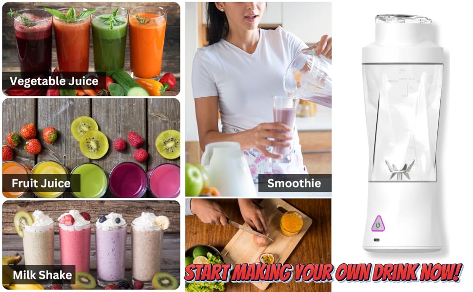 Portable Juicer Blender, USB Rechargeable Smoothie Maker with 6 Upgraded Blades and 6000mAh Battery