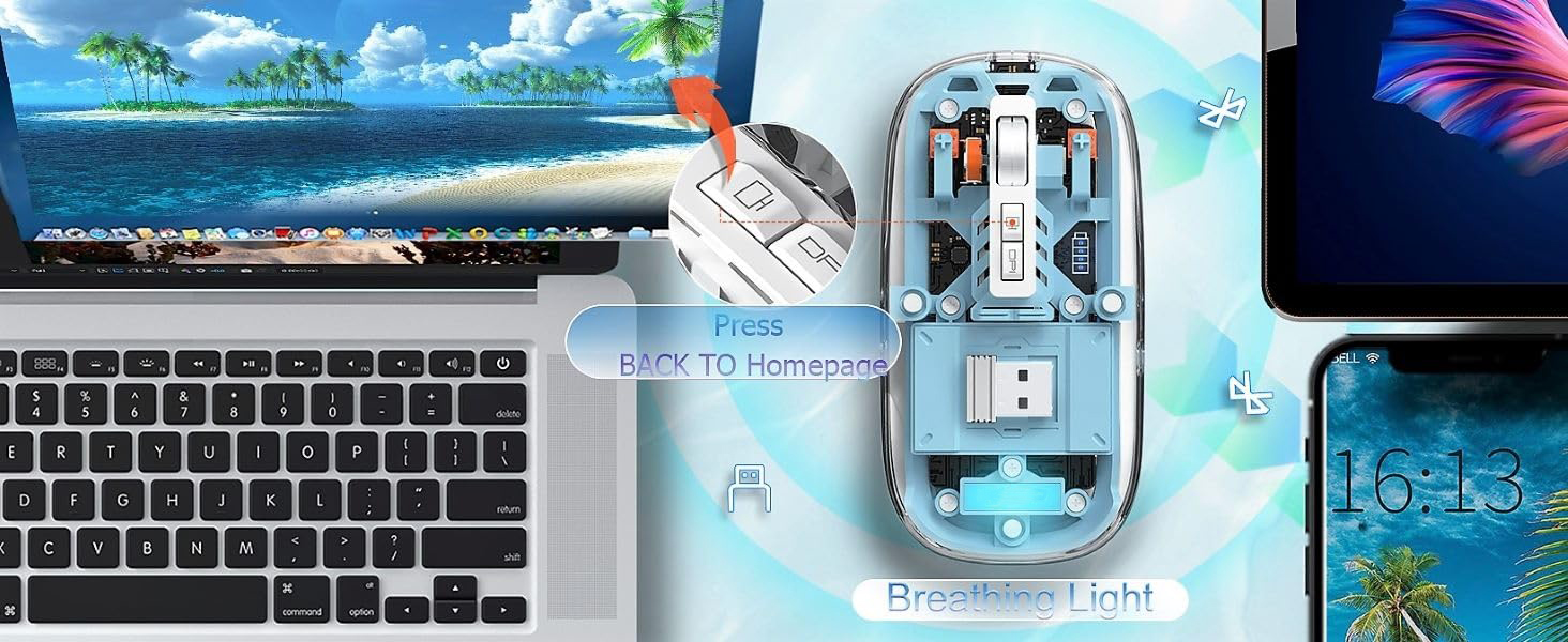 Wireless Bluetooth5.1&amp;2.4G Mini Lightweight Mouse,Transparent Clear Mouse