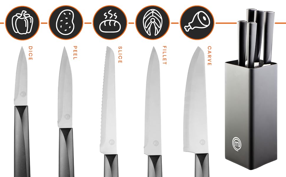 MasterChef Knife Set with Block 5 Kitchen Knives with Sharp Stainless