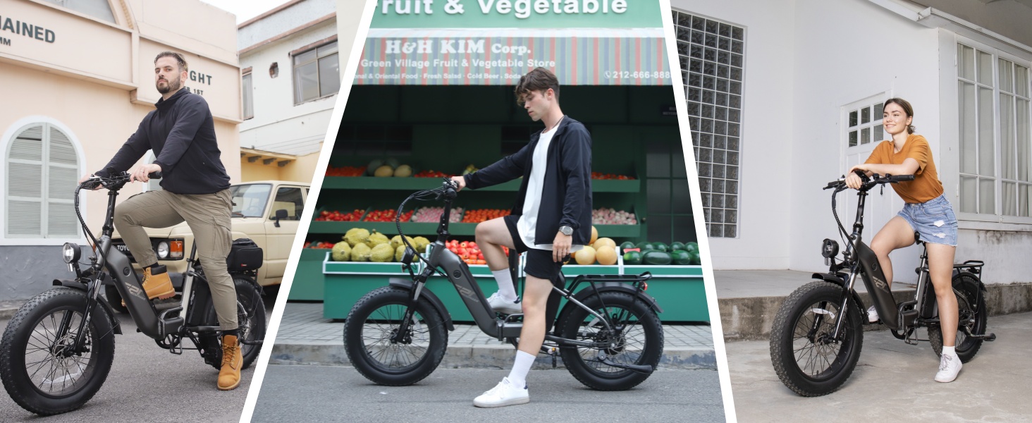 Dreiteiliges Bild, das Elektrofahrräder in städtischen Umgebungen zeigt: Fahrer auf Straßen, vor einem Obststand und in der Nähe von Gebäuden