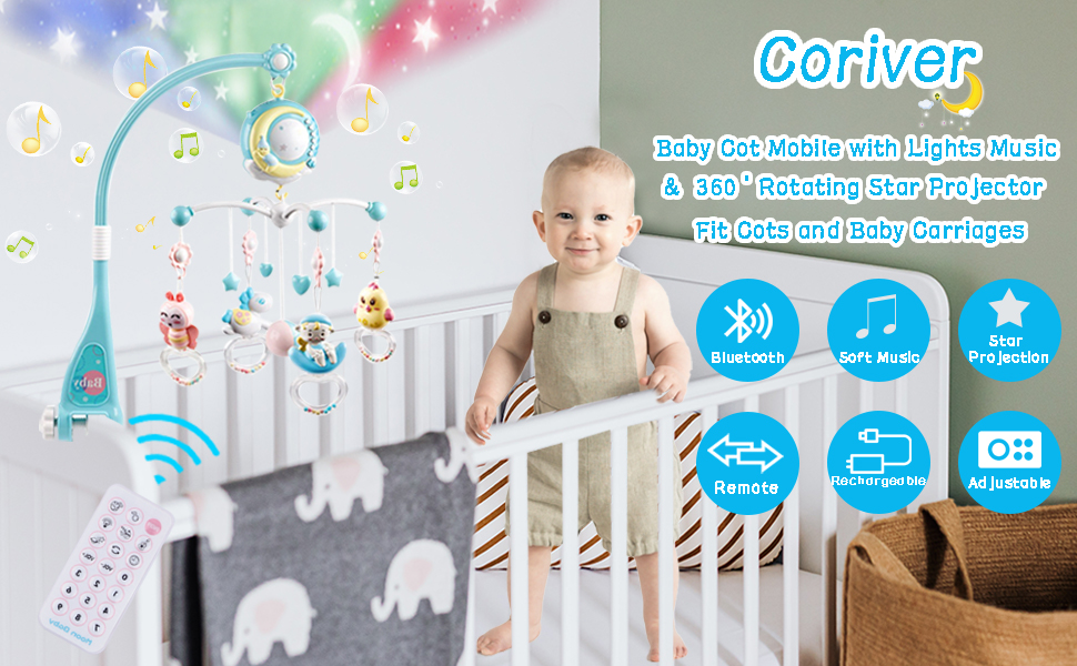 Coriver Baby Mobile, 4 in 1 Cot Mobile with Lights and Music Remote