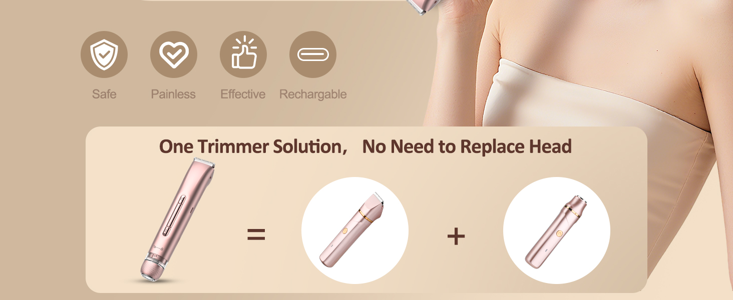 Text reads 'One Trimmer Solution, No Need to Replace Head'. Product demonstration sequence showing hair trimmer or grooming device components.