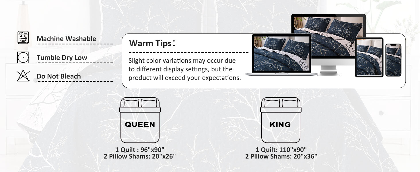 Quilt Set Queen Size 3 Piece Navy Reversible Bedspread