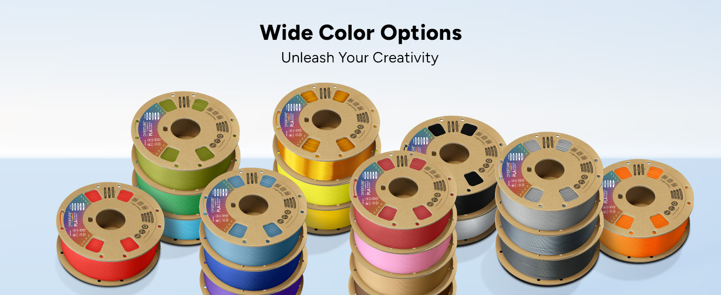 Le texte indique « Options de couleurs étendues ». Collection de bobines de fil à coudre colorées disposées en rangées, présentant différentes nuances, notamment le rouge, le bleu, le jaune, le rose et les tons neutres.