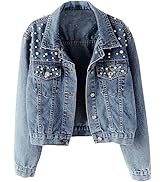 Hixiaohe Women Loose Embroidered Pearls Beading Cropped Denim Jacket Jean Coat