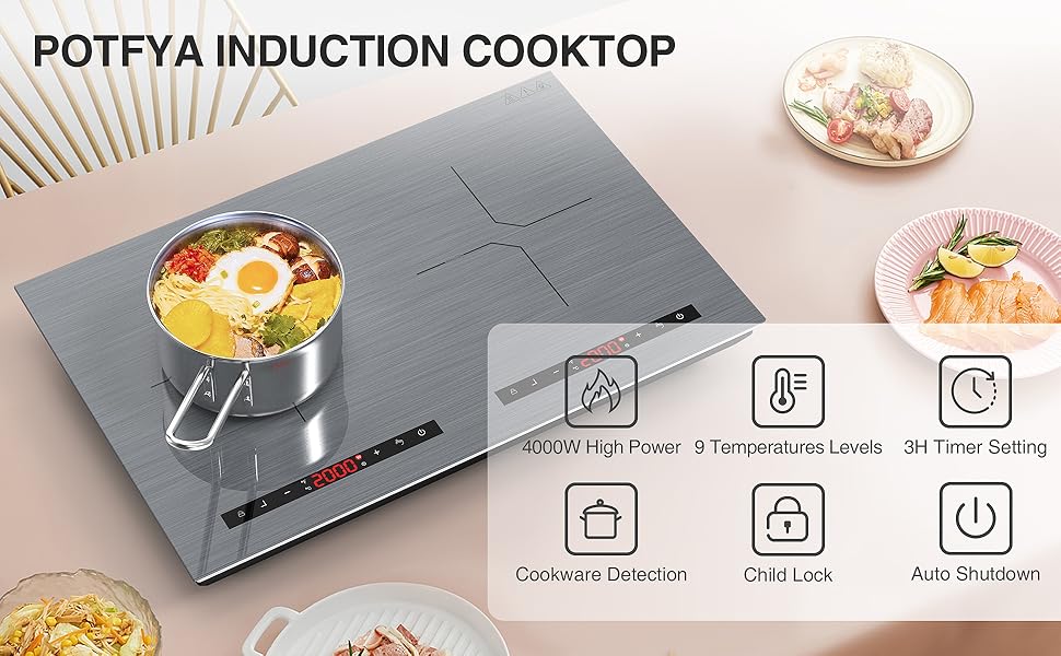 POTFYA Portable Induction Cooktop 2 Burners 4000W 24 Inch