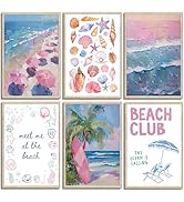 6Pcs Pink Coastal Beach Wall Art pink Beach Umbrella Pictures Surfboards Posters Surfing Print Co...