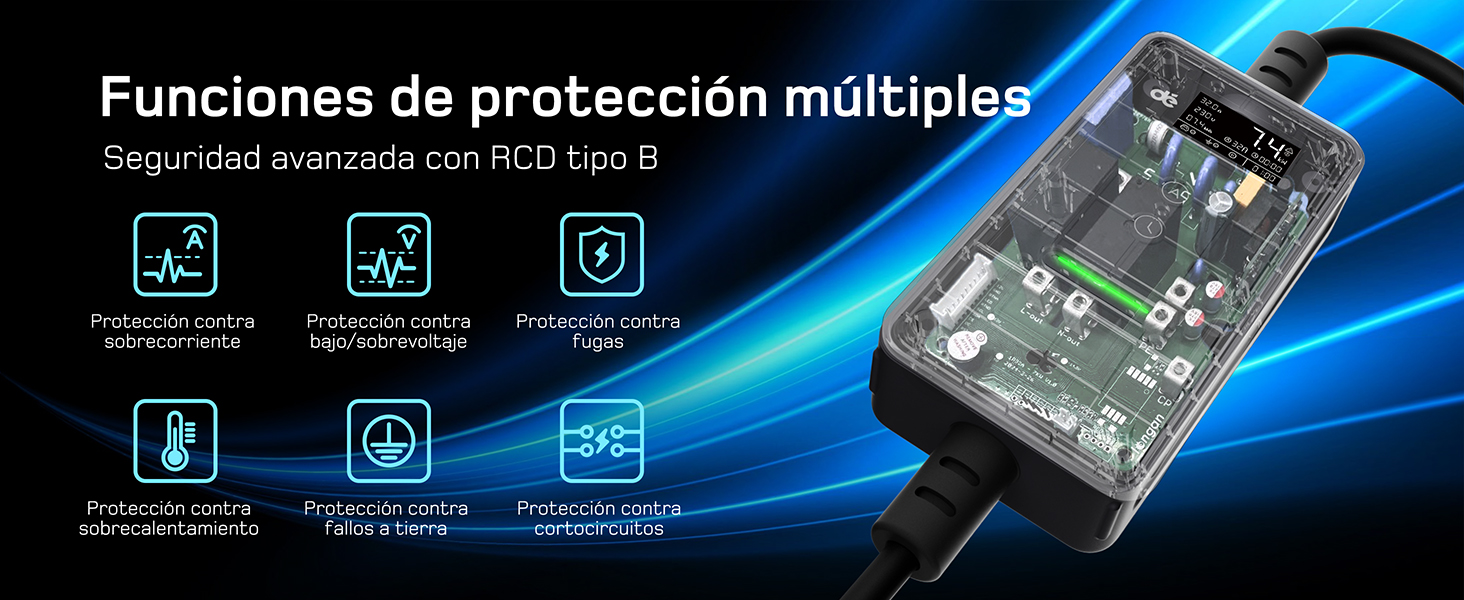 El texto dice «Funciones de protección múltiple». Ilustración técnica que muestra las funciones de protección de la placa de circuito con iconos azules sobre fondo oscuro.