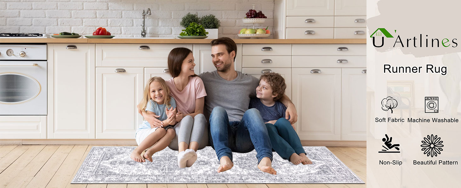 U'Artlines Boho Runner Rug for Hallway 2×6ft Grey Floral