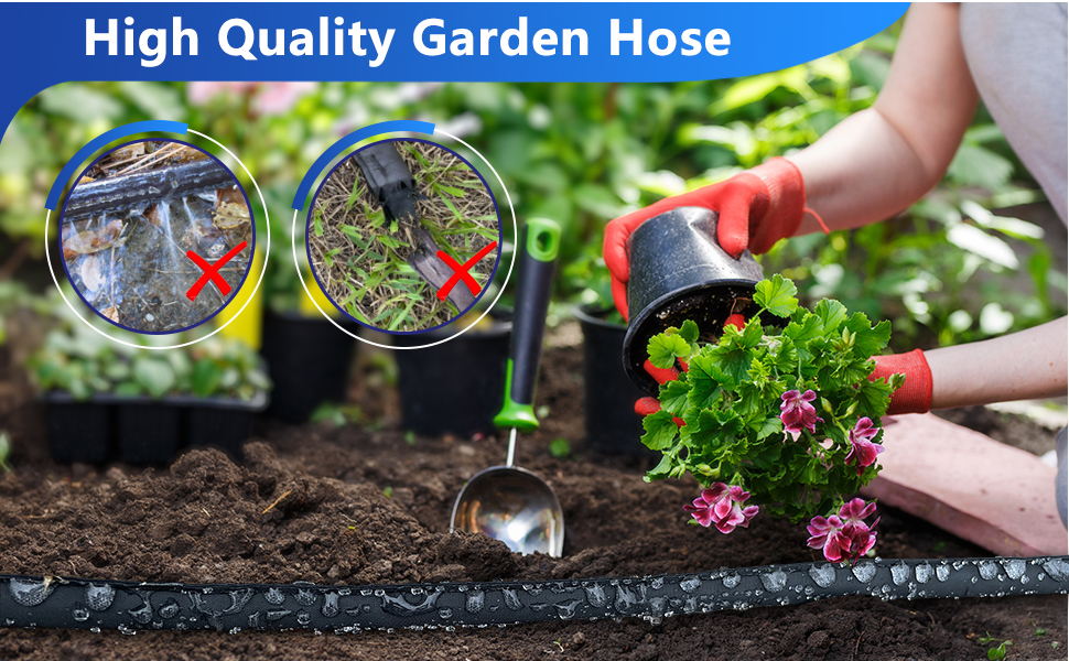 Flat Soaker Hose 100 Ft for Garden Beds with Soaker Hose Stakes, Garden Soaker Hose