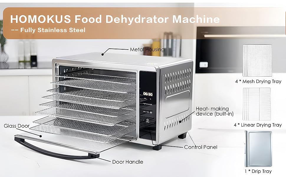 Food Dehydrator Machine 8 Stainless Steel Trays, HOMOKUS