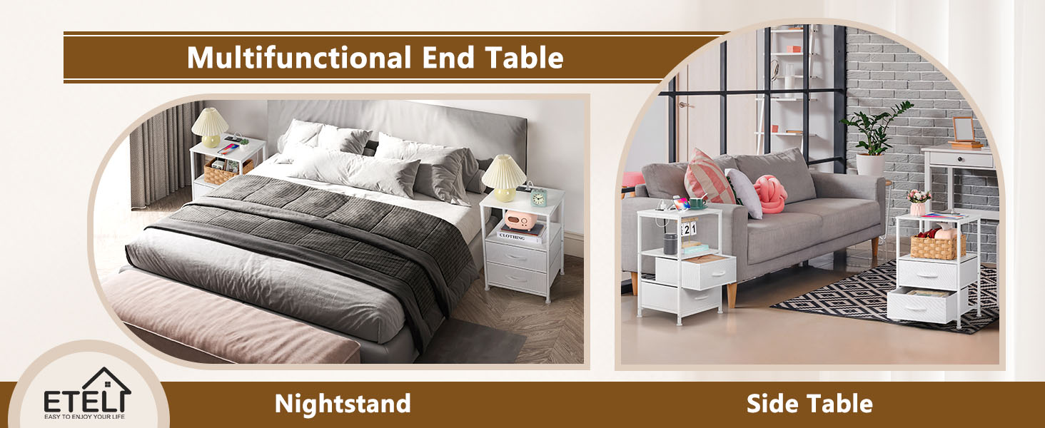 ETELI White Bedside Table Set of 2 with 2 Fabric Drawers