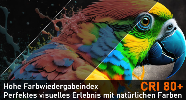 Der Text lautet „Hohe Farbwiedergabeindex“ und „Perfektes visuelles Erlebnis mit natürlichen Farben“ und „CRI 80+“. Extreme Nahaufnahme des Gesichts eines Ara-Papageis mit leuchtend blauen, gelben und roten Federn.