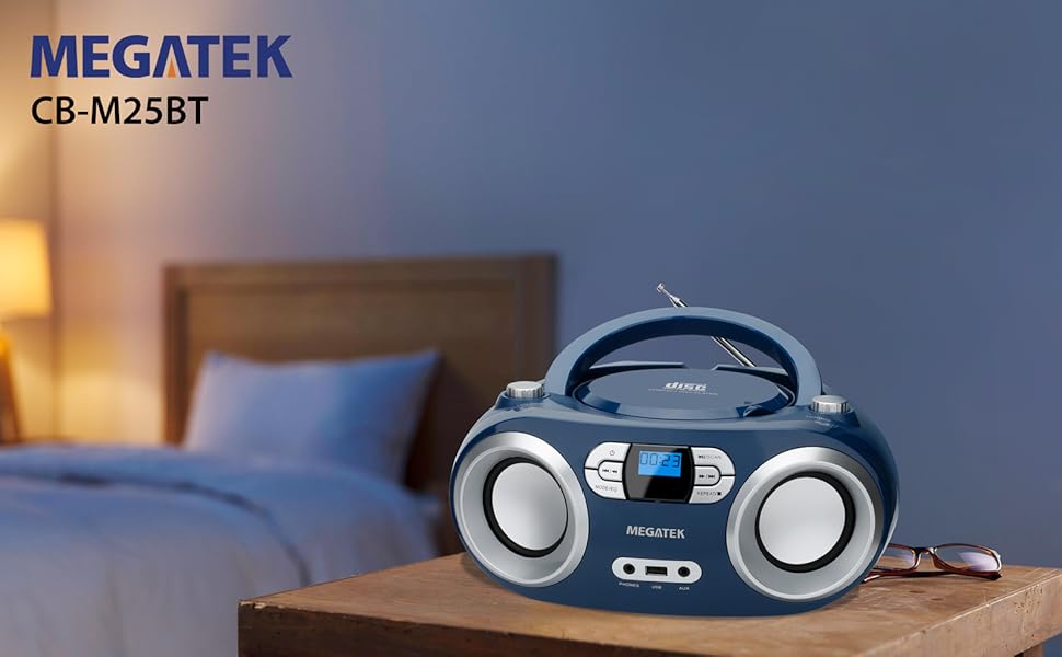 MEGATEK Portable CD Player Boombox with FM Radio, Bluetooth