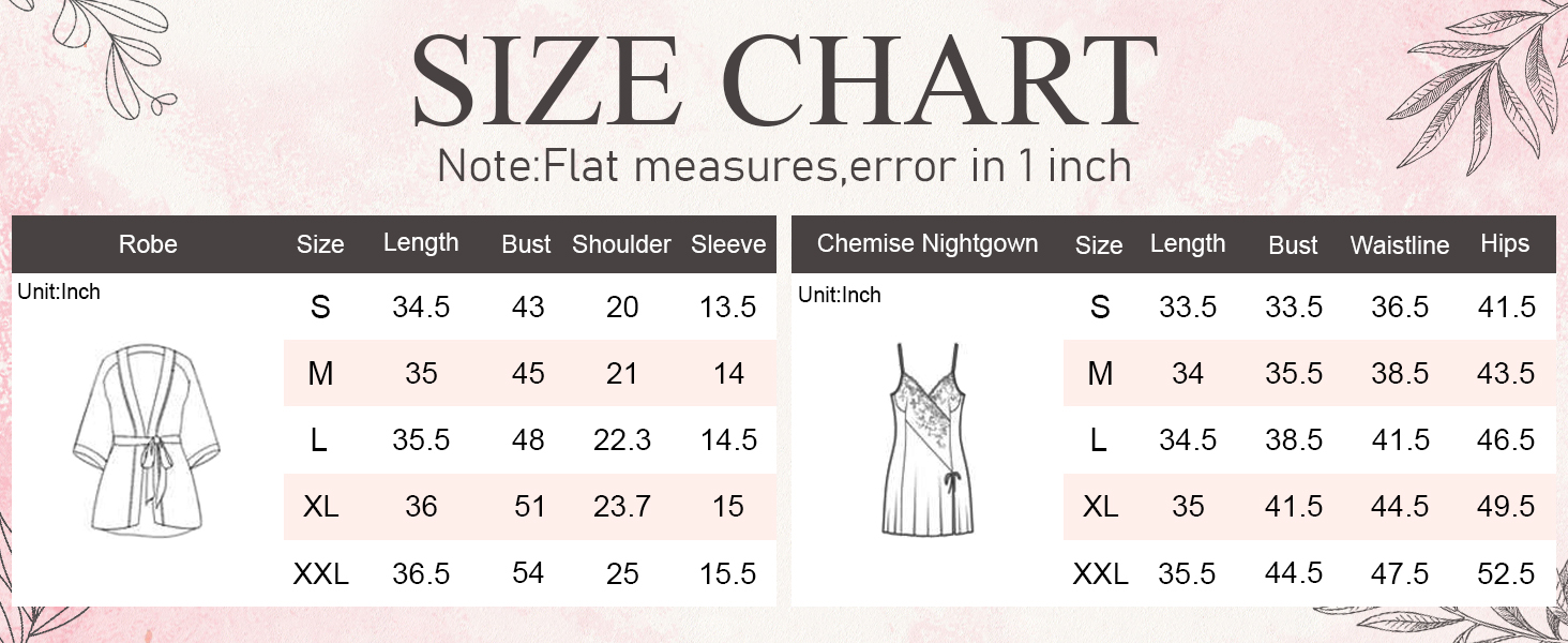 silk pajama sets size chart