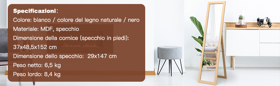 RELAX4LIFE Specchio A Figura Intera 2 In 1, Specchio Da Terra E Da Parete In Legno Con Cornice Rettangolare, Specchio Inclinato Da Pavimento, Per Camera Da Letto, Soggiorno E Ufficio (naturale) 18 1