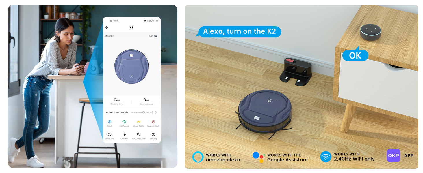 OKP K2 Robot Vacuums, 2000Pa Strong Suction, 120Mins Run time, Works