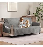 Pamhaven Quilted Cool Gray Sofa Slipcovers with Pockets, Anti-Slip Medallion Couch Covers for 3 C...