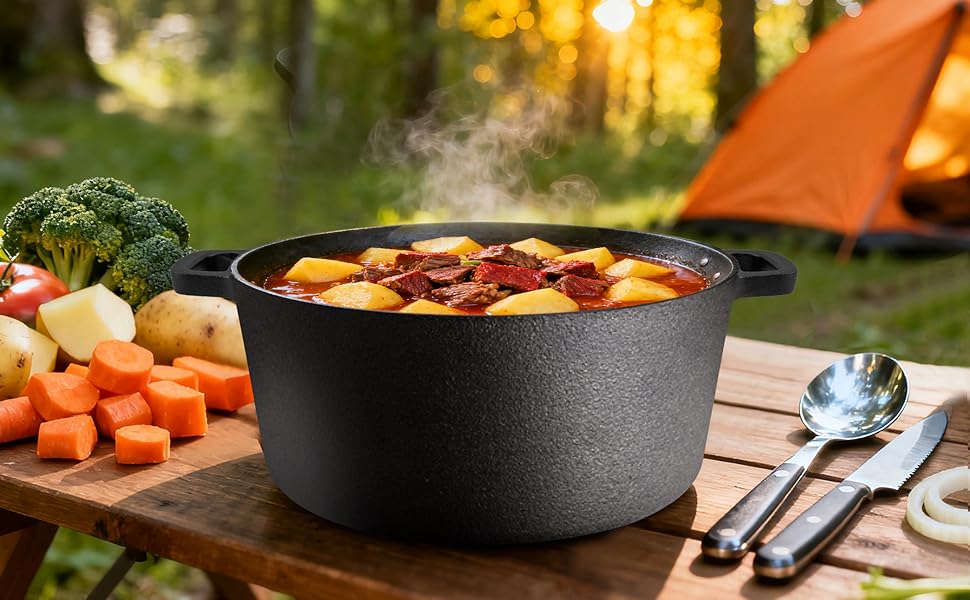 This cast iron cookware is suitable for food preparation and intended for household and outside use.