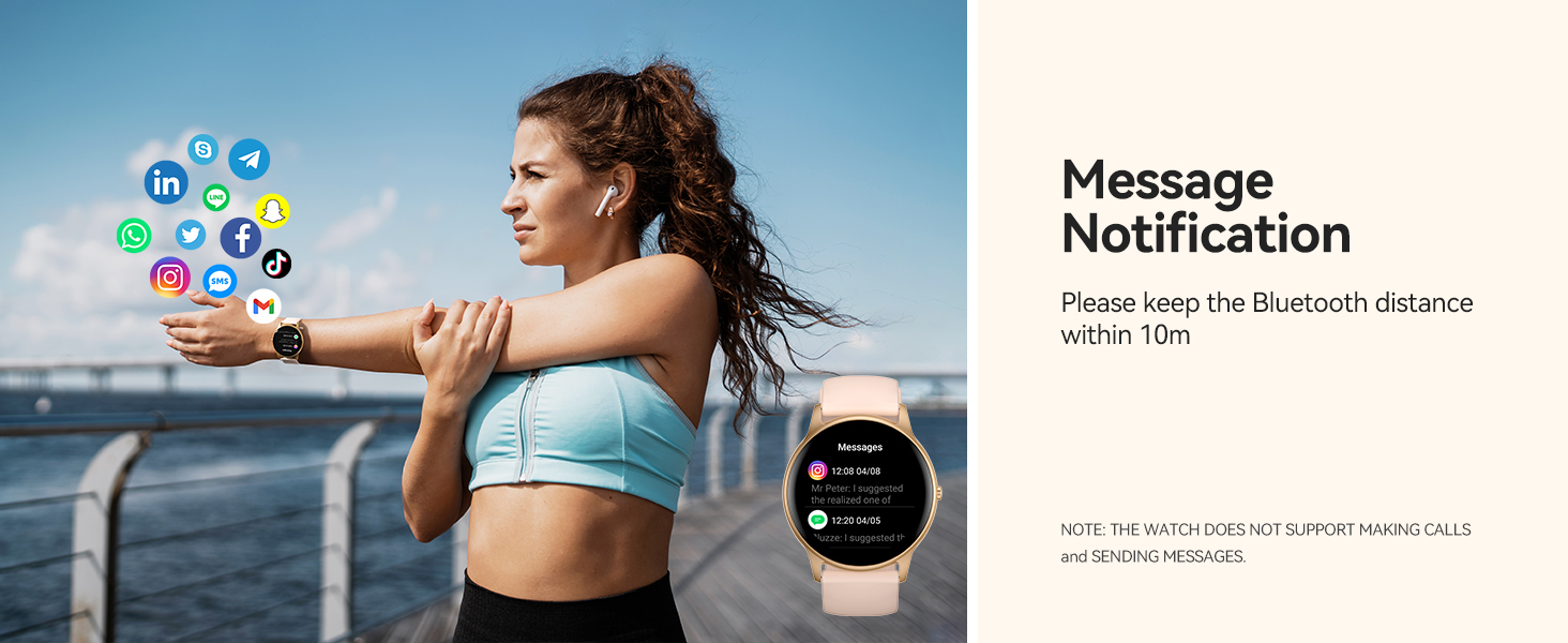 Smartwatch displaying colorful app icons. Woman in sports bra visible. Text 'Message Notification' with instructions to check Bluetooth connection.