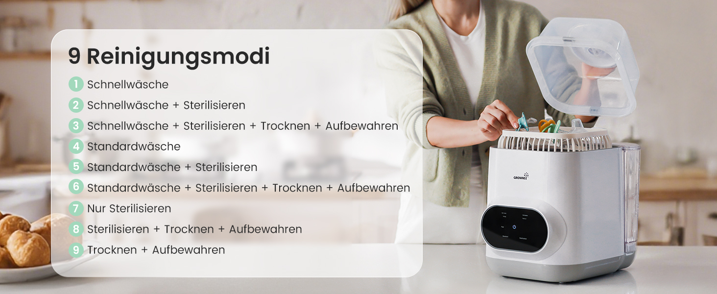 Der Text lautet „9 Reinigungsmodi“. Das Schnittstellendisplay zeigt die Optionen für den Reinigungsmodus für ein elektronisches Gerät mit grünen Häkchen und Menüoptionen an.