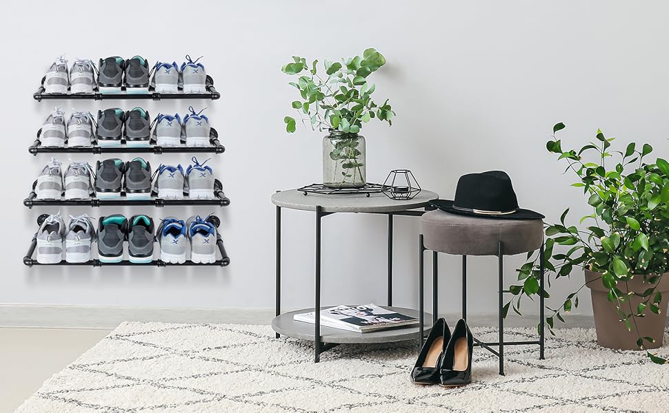 Set of 4 Industrial Matte Black Metal Pipe Hanging Shoe and Boot Rack Organizer Shelf