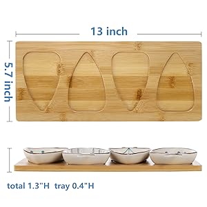 Ceramic Pinch Bowl with Bamboo Tray - Decorative Fish Shaped Chips and Dip Serving Dish Platters
