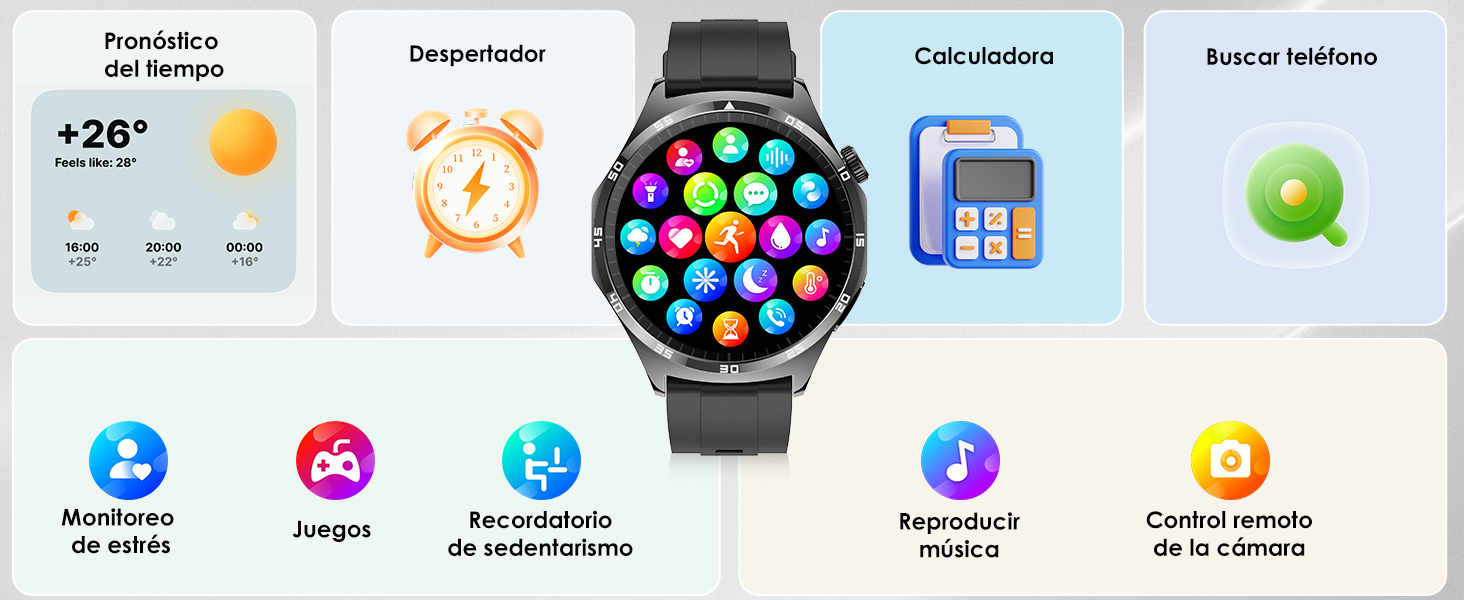 con coloridos iconos de aplicaciones que se muestran en una pantalla redonda, rodeados de iconos que representan diferentes funciones como el clima, alarmas, calculadora y juegos