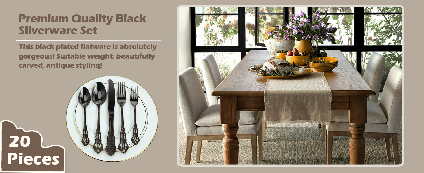 Runfly Gorgeous Retro Royal Black Stainless Steel 20 Pieces Flatware Set
