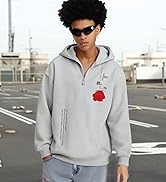 UOUA Men's Graphic Quarter Zip Hoodies Casual Long Sleeve Drop Shoulder Sweatshirt Pullover Stree...