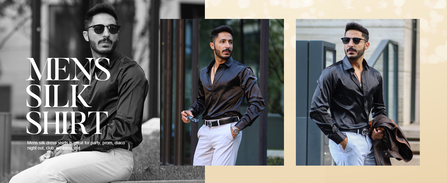 mens silk dress shirts long sleeve button down satin shirt with bow tie 70s disco shirt outfits