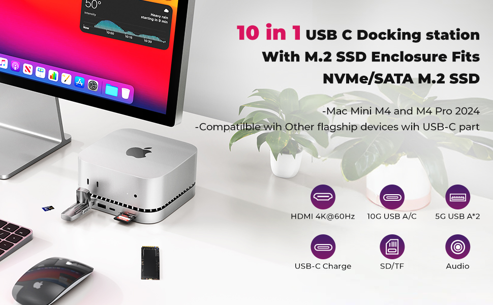 Mac Mini M4 Dock, Aluminum Stand Hub with SSD Enclosure, Docking Station for Mac Mini M4/M4 Pro