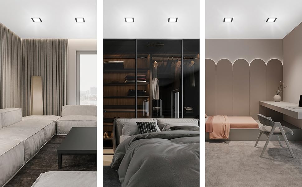 Black square 3 inch LED recessed mini panels in the bathroom, kitchen and living room