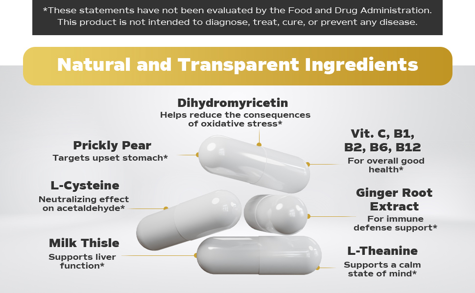 natural and transparent ingredients, DHM, L-cysteine, milk thisle, l-theanine, ginger, vitamins