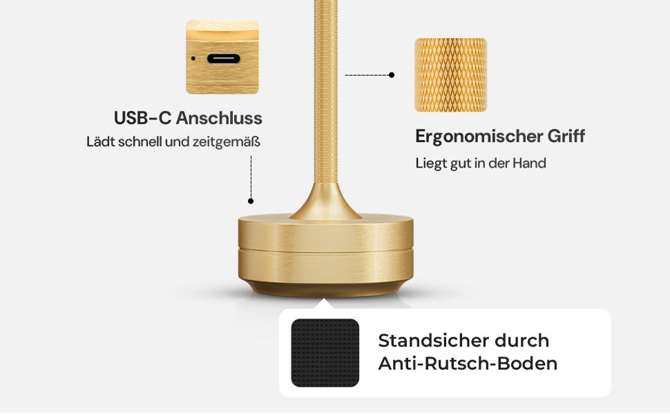 Der Text lautet „USB-C Anschluss“, „Standsicher durch“, „Anti-Rutsch-Boden“. Goldfarbenes Gerät, aus mehreren Blickwinkeln dargestellt, mit deutschen Textbeschriftungen.