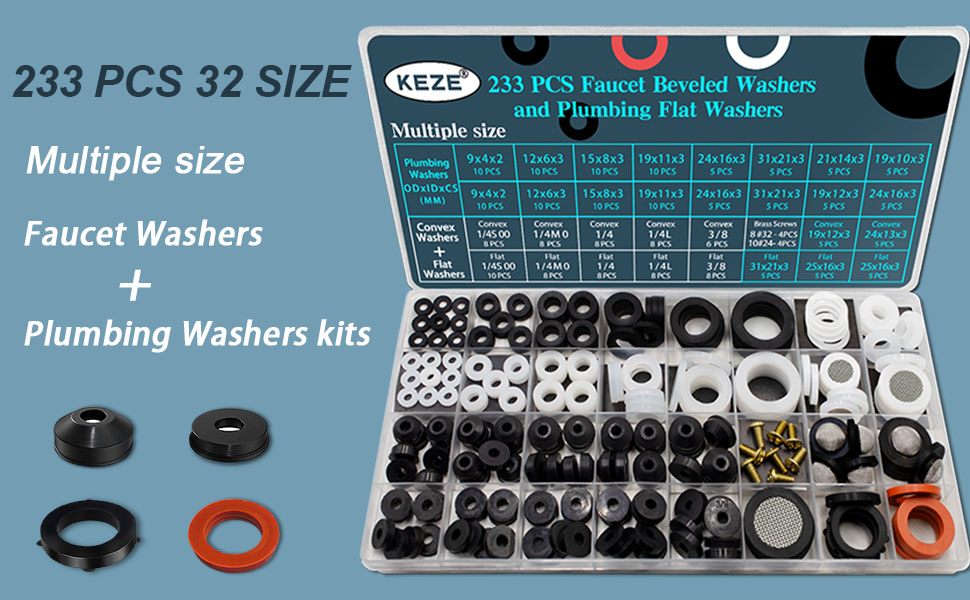 KEZE 233 Pcs Faucet Beveled Washers and Plumbing Flat Rubber Washers
