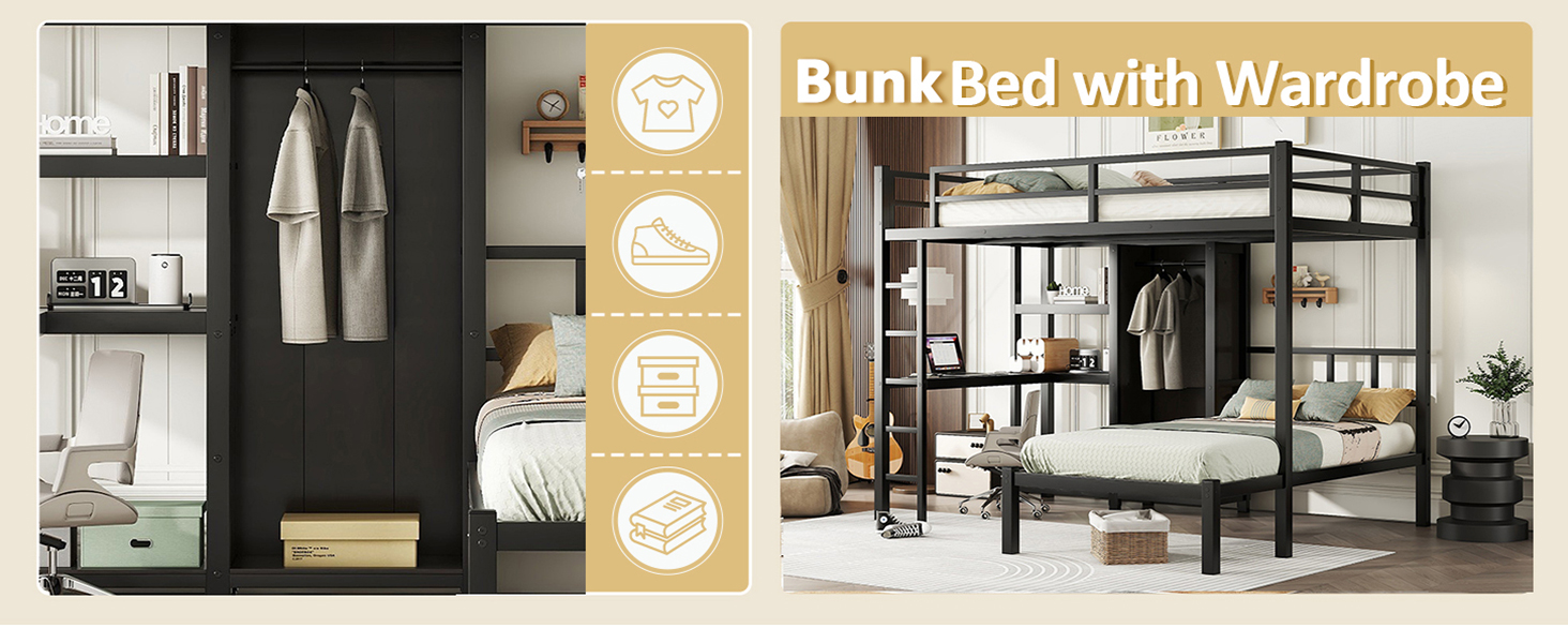 Full XL Over Twin Bunk Bed with Desk and Storage Shelf