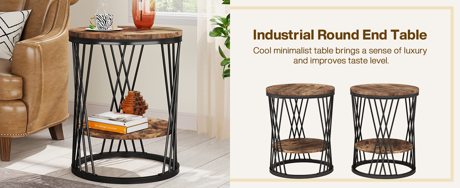 Tribesigns Round End Table, Set of 2, Industrial 2Tier