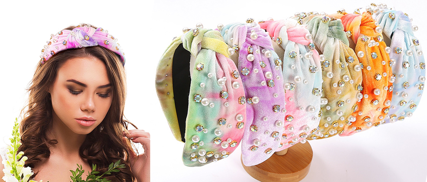 Crystal Rhinestone Headbands for Women Tie Dye Headwear Pearl Knotted