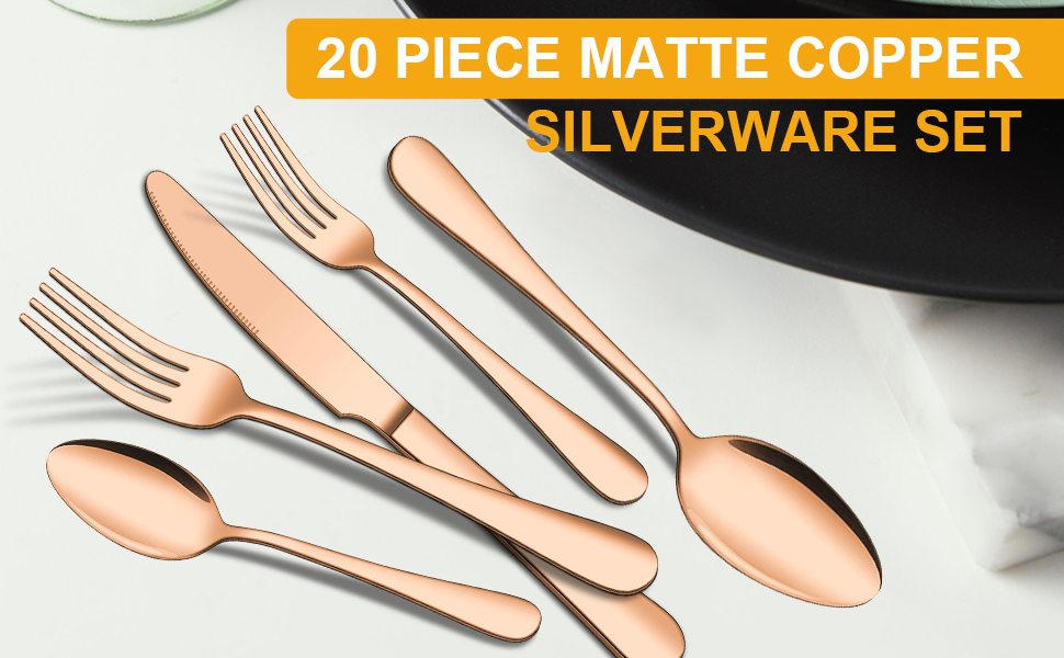20 Piece Matte Copper Silverware Set, ENLOY Rose Gold