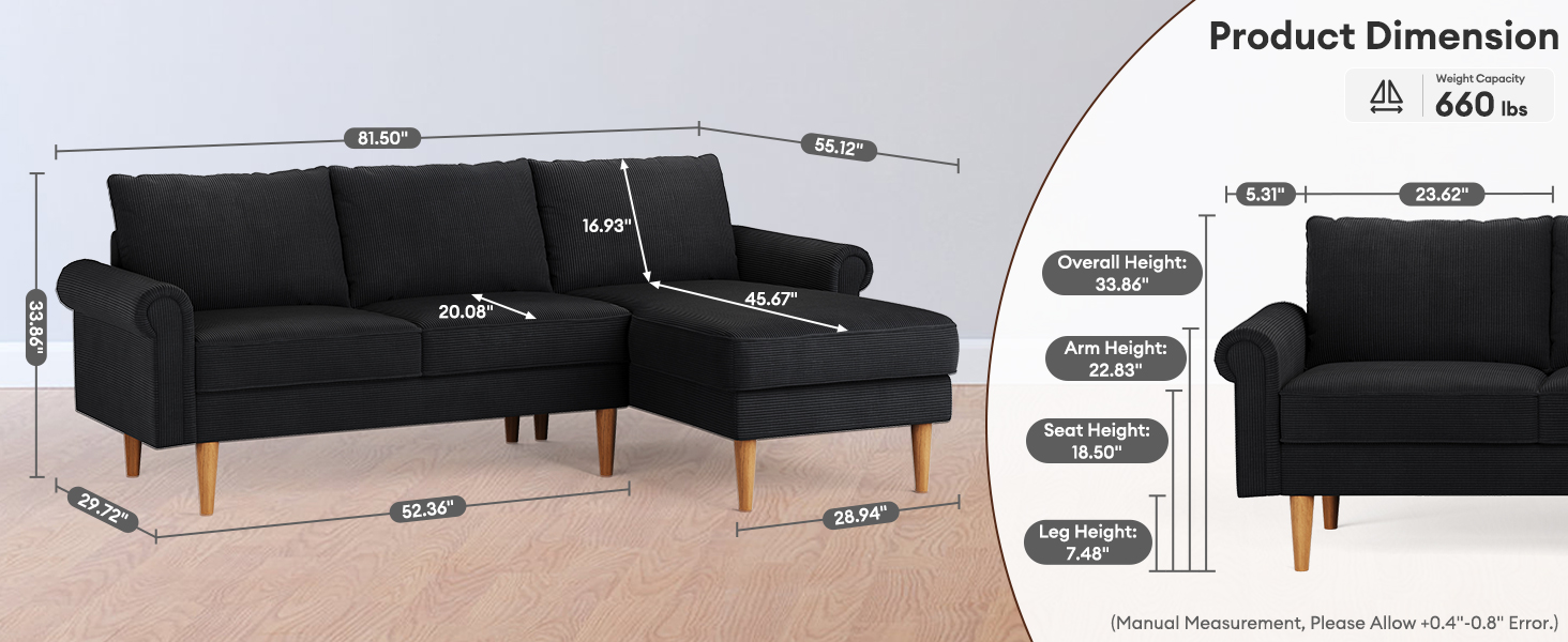 ovios 81.5" LShape Sofa Couch with Chaise, 3Seats Sofa