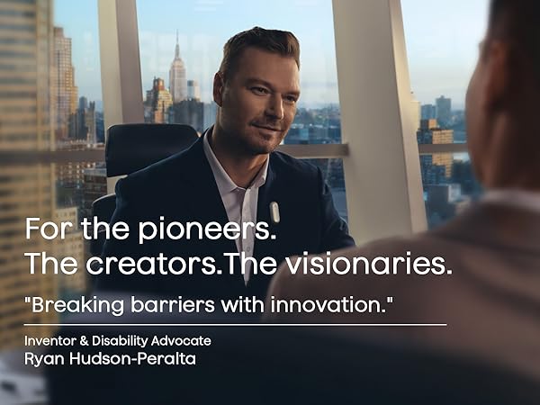 Text reads 'Image 5', 'For the pioneers', 'The creators. The visionaries.', 'Breaking barriers with innovation', 'Ryan Hudson-Peralta'. Modern office or corporate setting views.