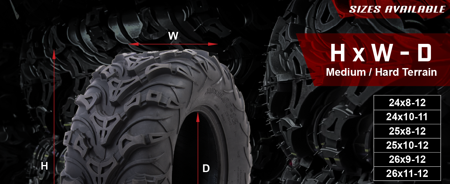 ATV tire sizing chart showing height, width, and rim diameter with available sizes listed on side