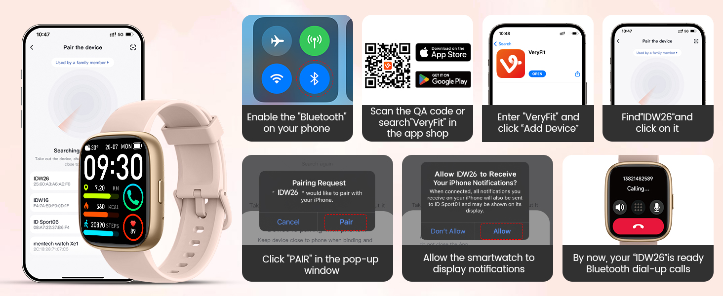 Text reads 'Temperature detection, Heart rate monitoring, Blood pressure, Blood oxygen, Sleep monitoring, Exercise record, Call reminder, Message reminder.' Smart watch interface features displayed on white background.